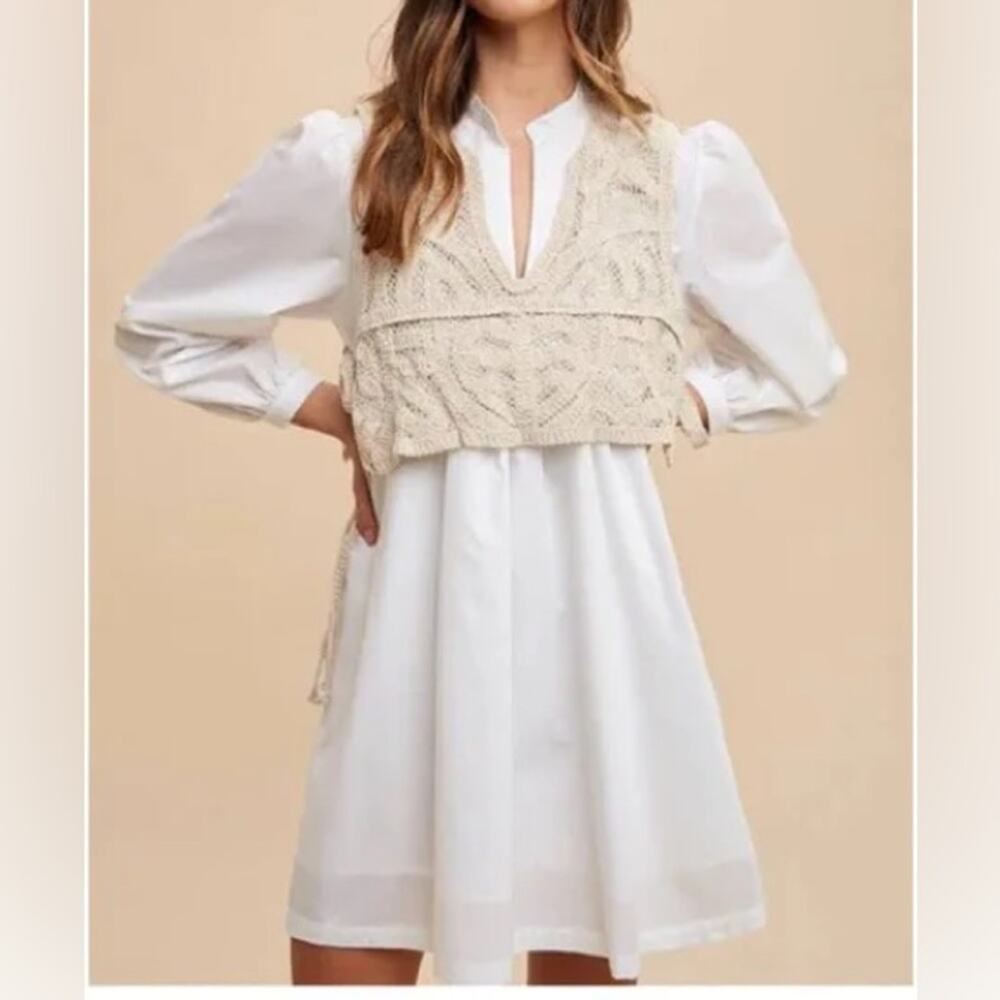 NWT AnnieWear White Long Sleeve Dress with Crochet Vest Overlay Size Large X0474